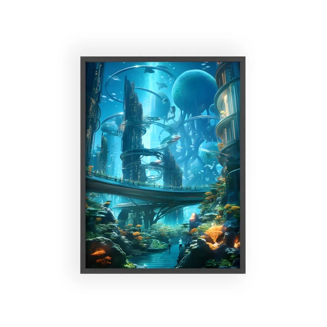 Close-Up Shot: Futuristic Underwater Cityscape in Bloom - Framed Poster