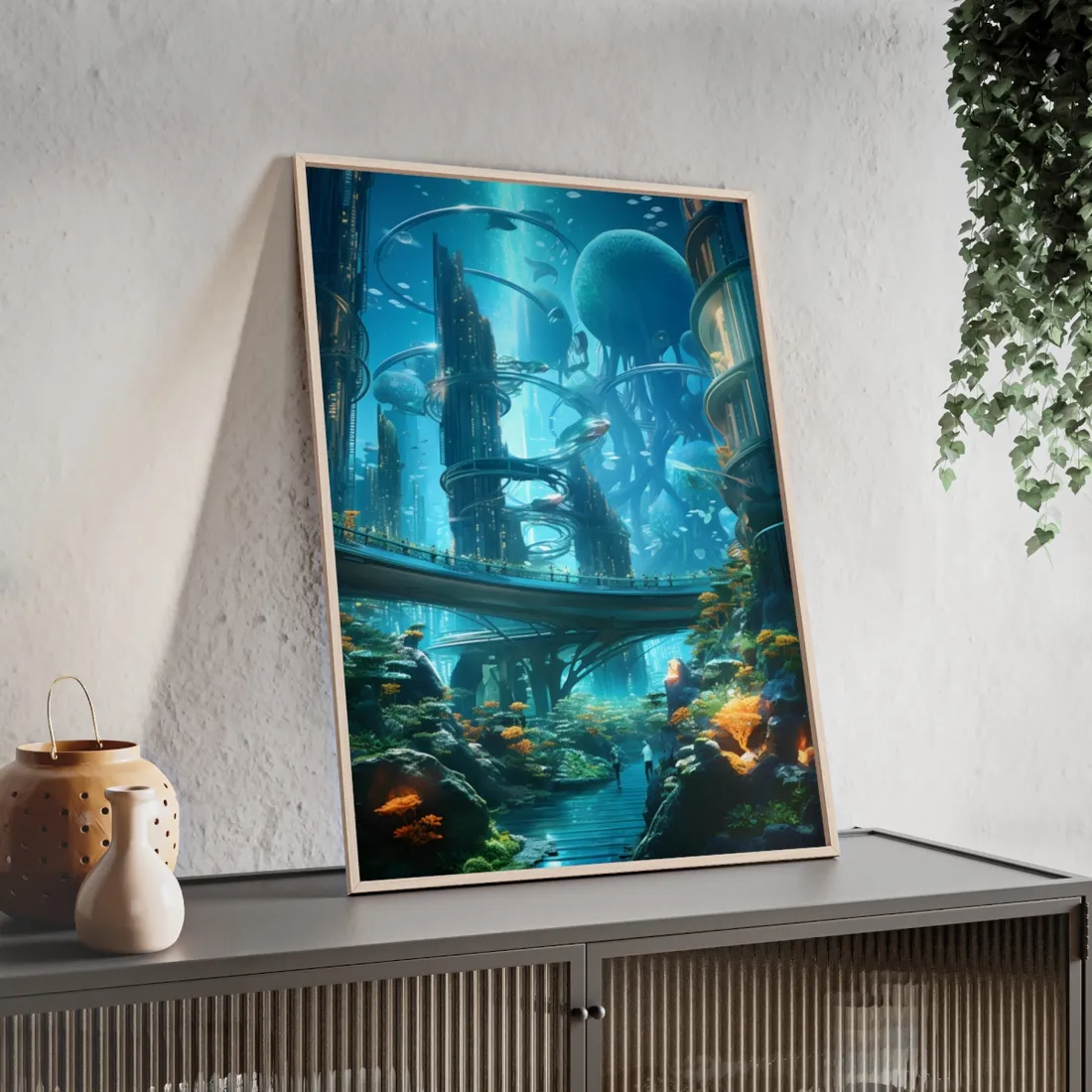 Close-Up Shot: Futuristic Underwater Cityscape in Bloom - Framed Poster