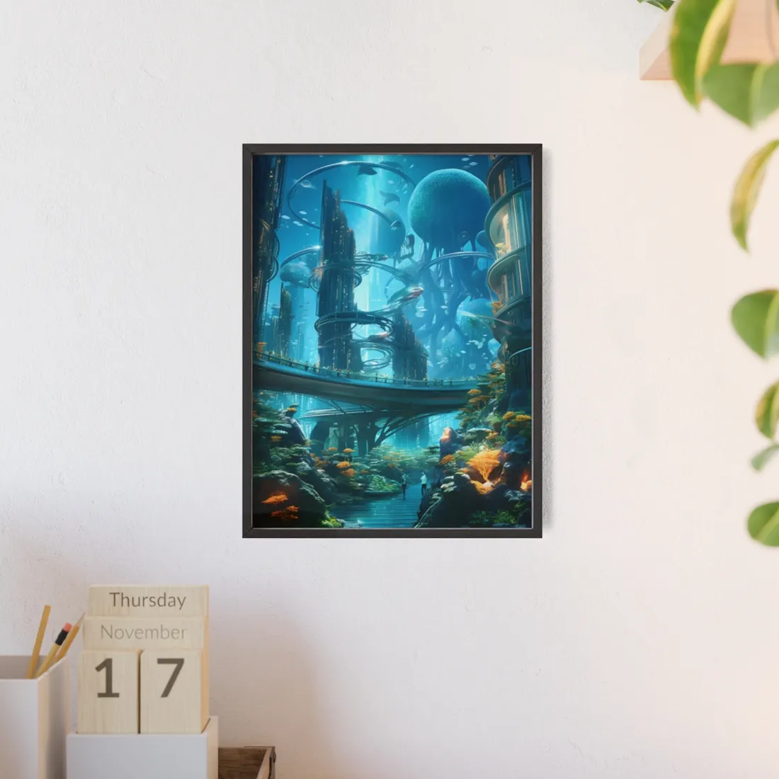 Close-Up Shot: Futuristic Underwater Cityscape in Bloom - Framed Poster