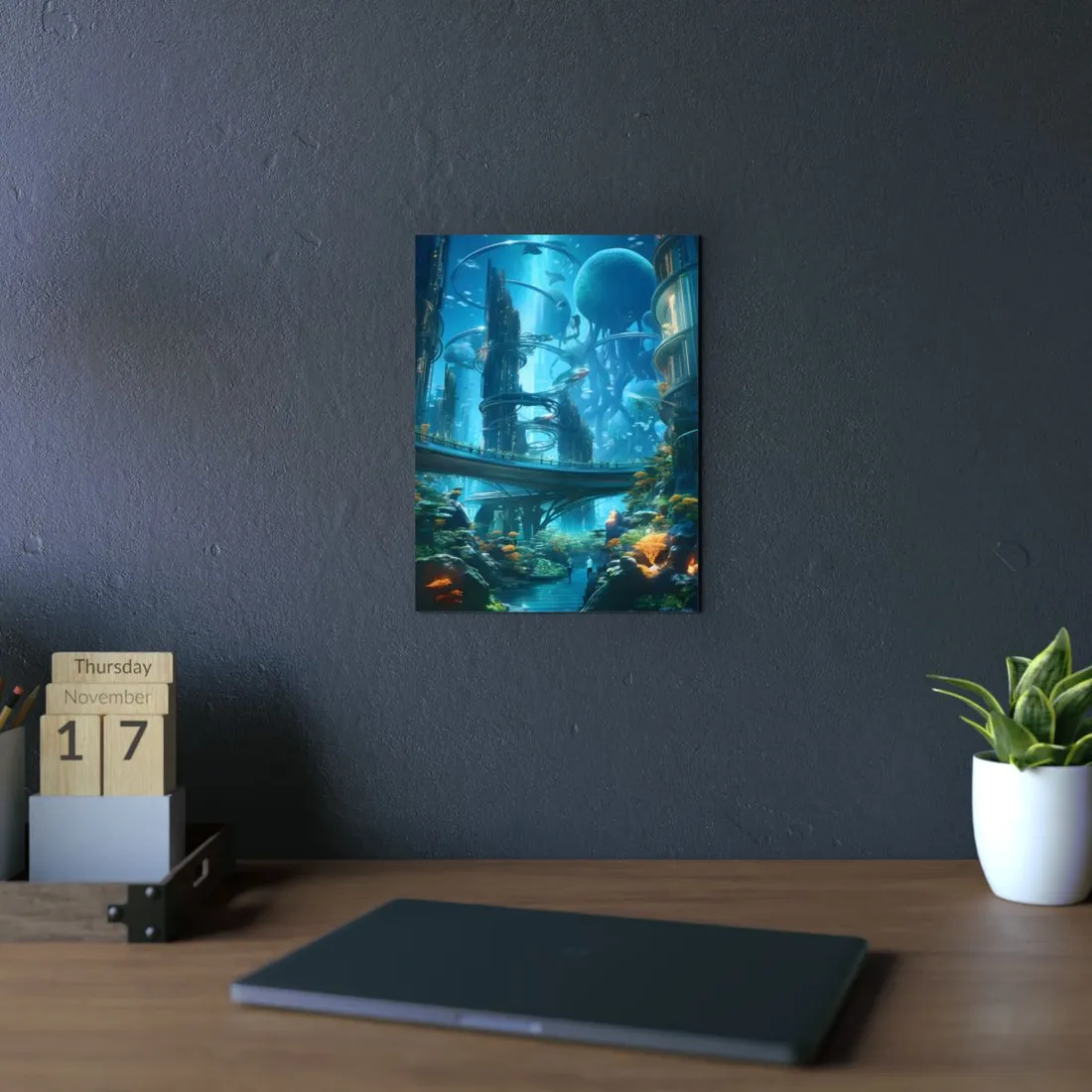 Close-Up Shot: Futuristic Underwater Cityscape in Bloom - Metal Poster