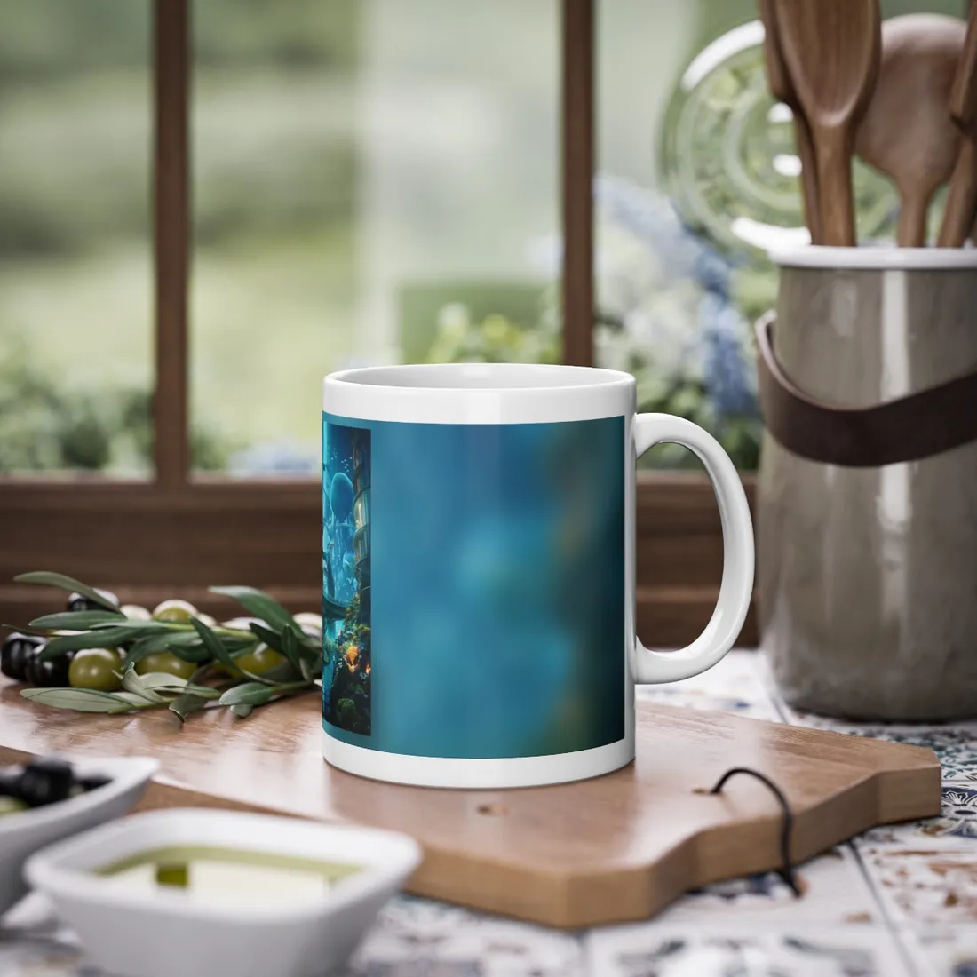 Close-Up Shot: Futuristic Underwater Cityscape in Bloom - Mug