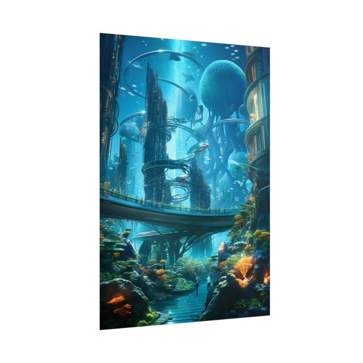 Close-Up Shot: Futuristic Underwater Cityscape in Bloom - Poster