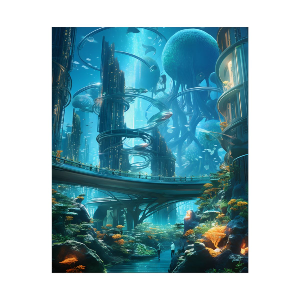 Close-Up Shot: Futuristic Underwater Cityscape in Bloom - Poster
