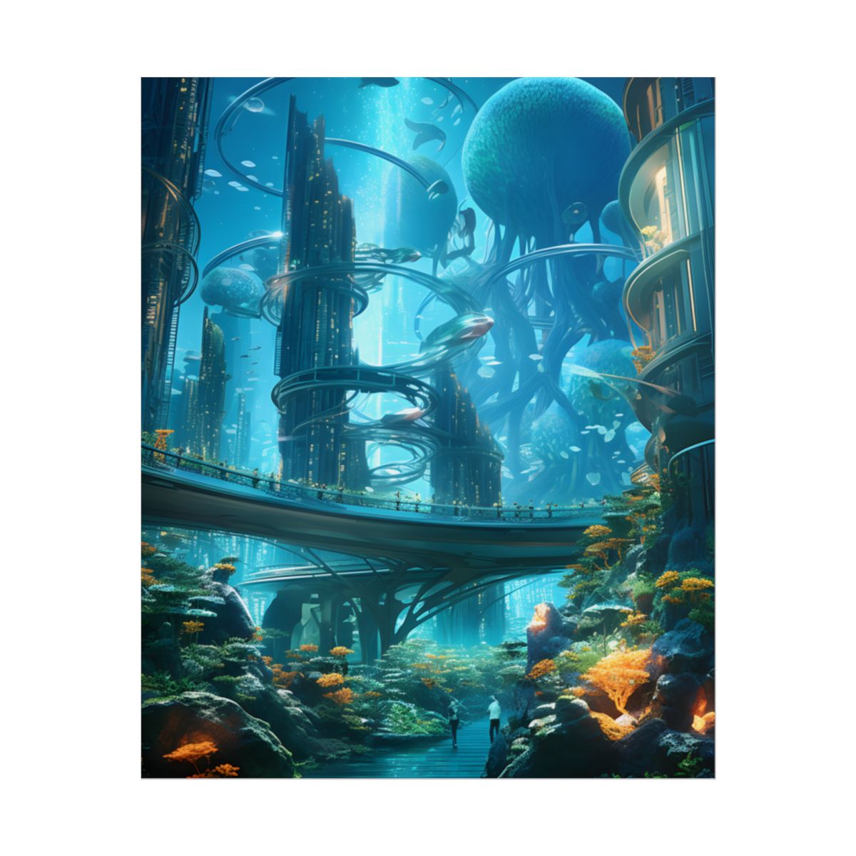 Close-Up Shot: Futuristic Underwater Cityscape in Bloom - Poster
