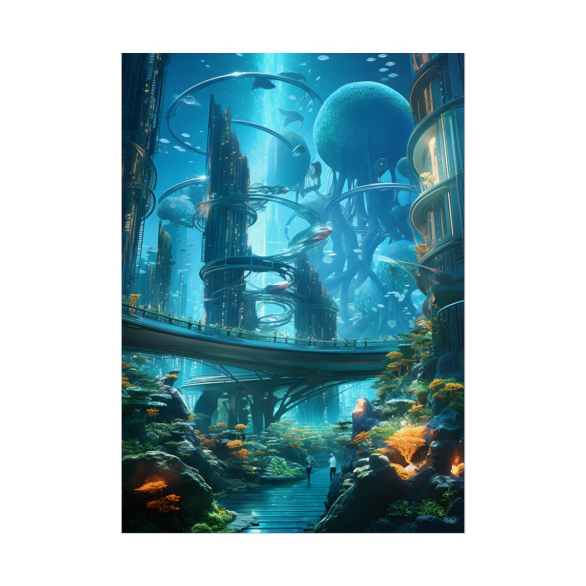 Close-Up Shot: Futuristic Underwater Cityscape in Bloom - Poster
