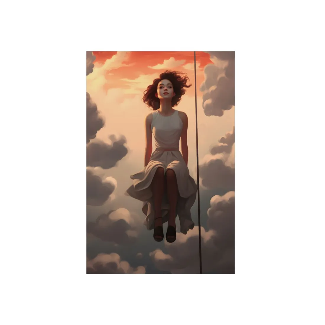 Cloud Swing: Woman Suspended Among the Clouds - Metal Poster