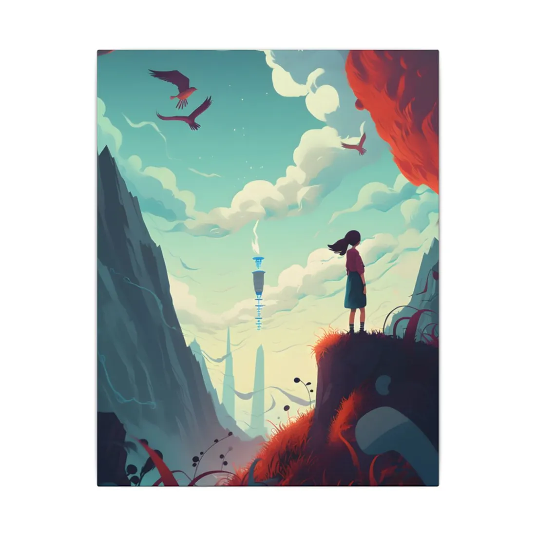 Cloudy Meadow: Boy and Girl in Serene Nature Scene - Canvas