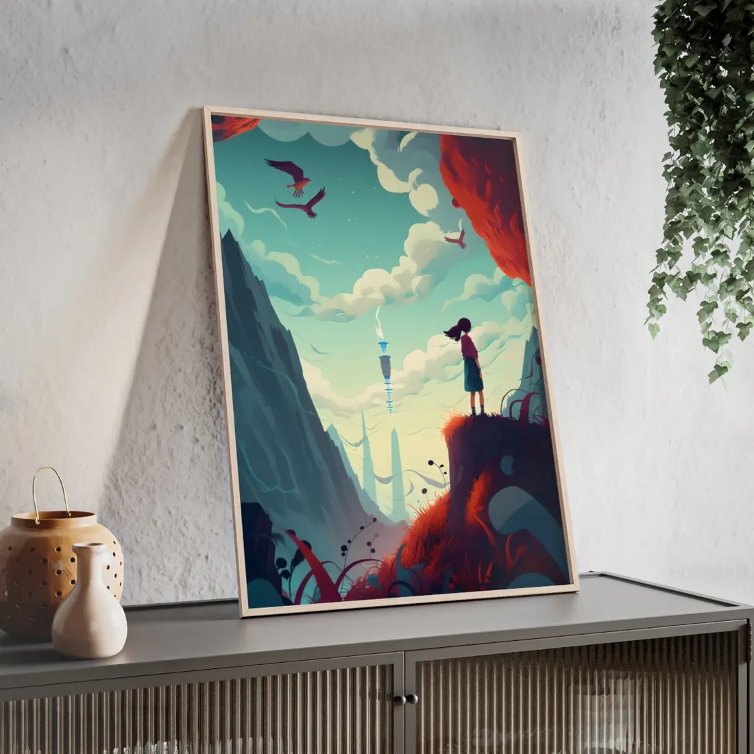 Cloudy Meadow: Boy and Girl in Serene Nature Scene - Framed Poster