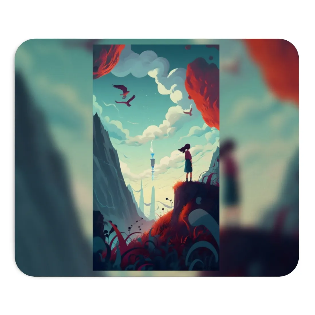 Cloudy Meadow: Boy and Girl in Serene Nature Scene - Mouse Pad