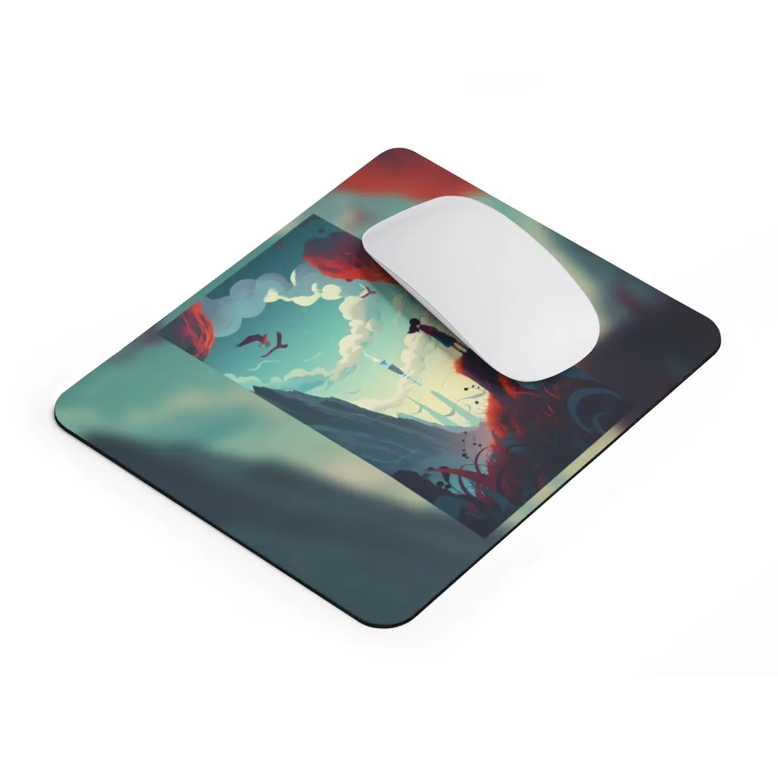 Cloudy Meadow: Boy and Girl in Serene Nature Scene - Mouse Pad