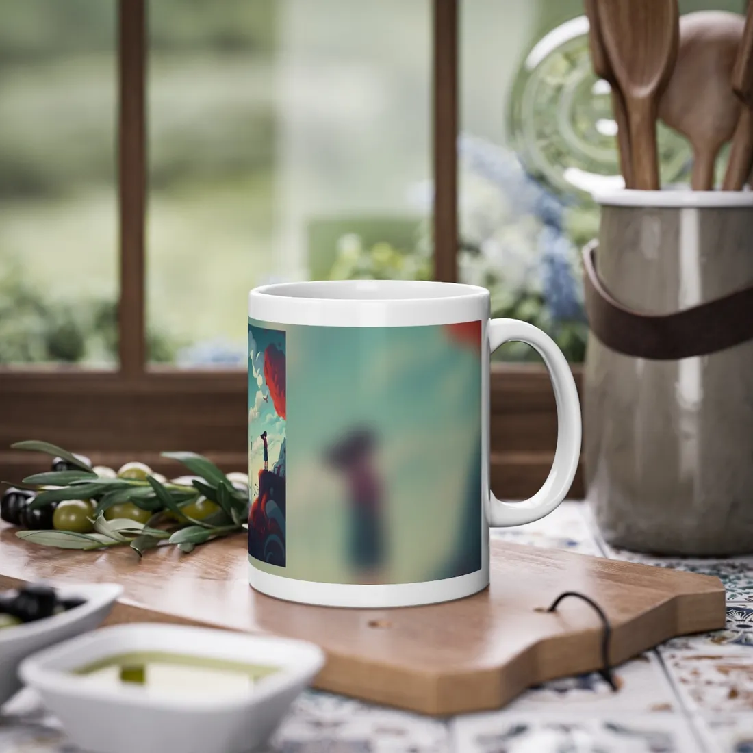 Cloudy Meadow: Boy and Girl in Serene Nature Scene - Mug