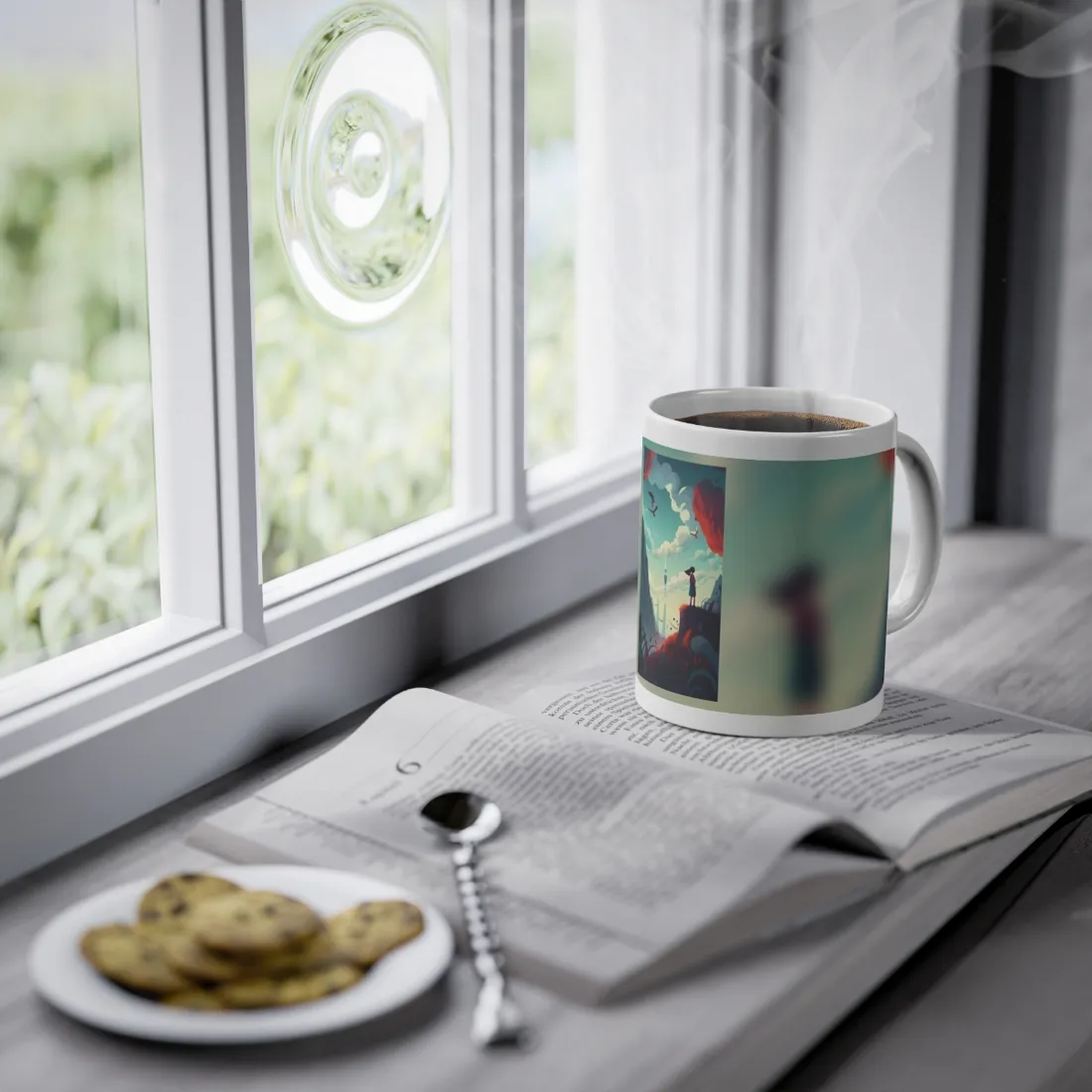 Cloudy Meadow: Boy and Girl in Serene Nature Scene - Mug