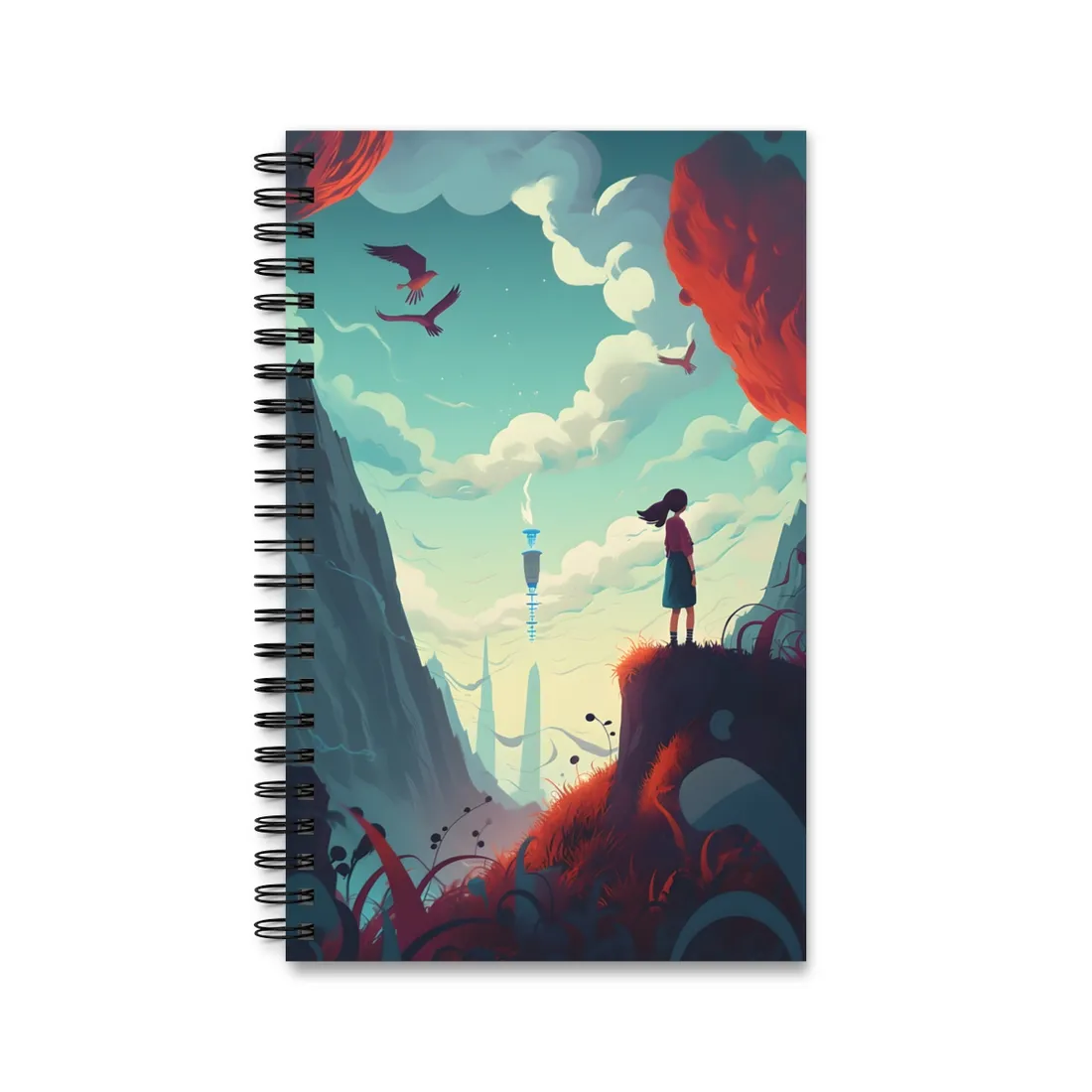 Cloudy Meadow: Boy and Girl in Serene Nature Scene - Spiral Notebook