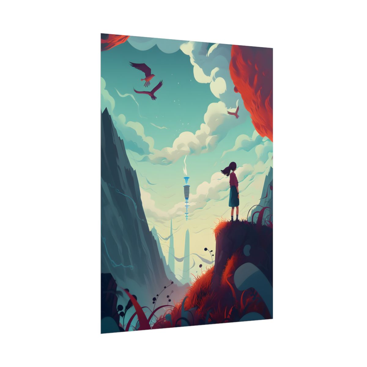 Cloudy Meadow: Boy and Girl in Serene Nature Scene - Poster