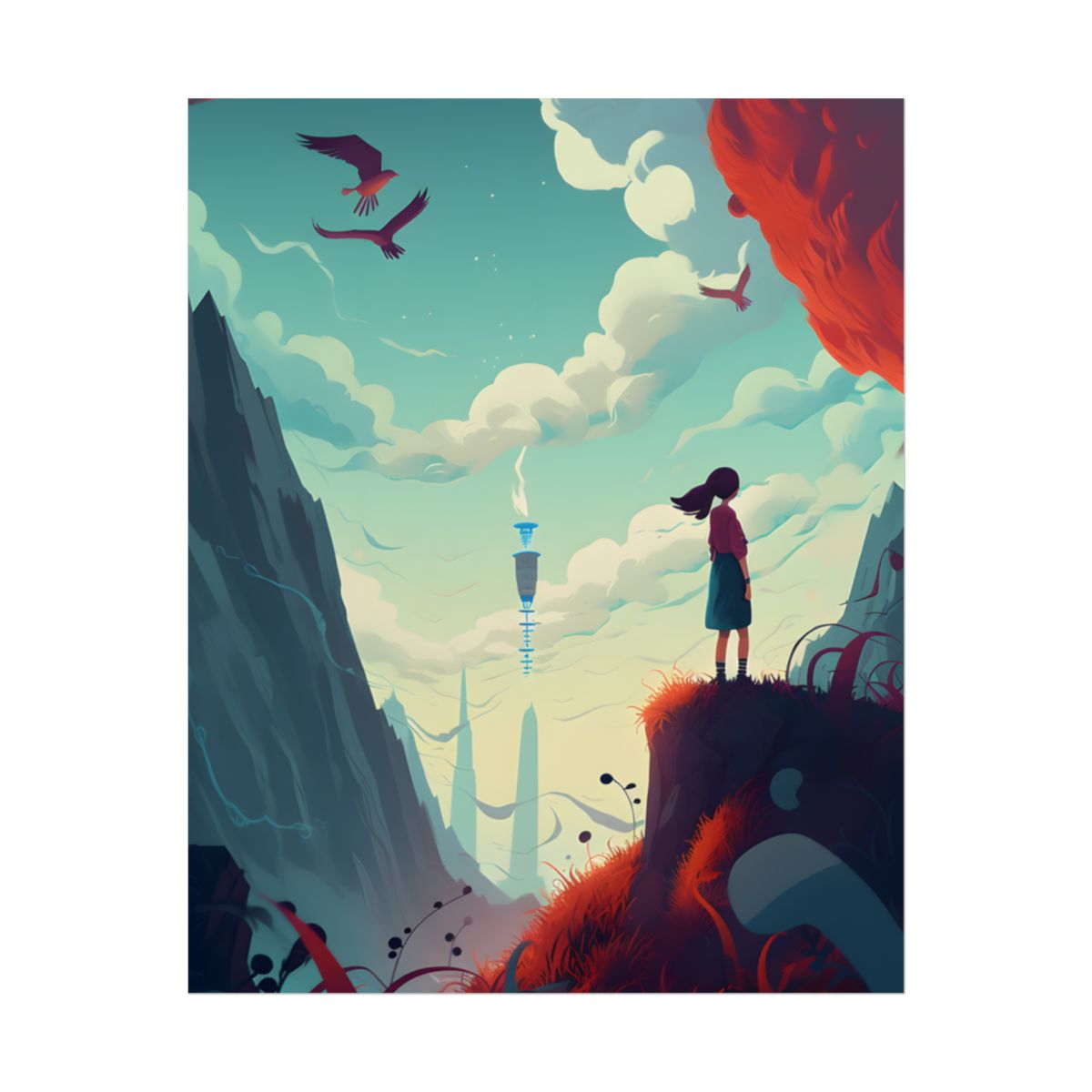 Cloudy Meadow: Boy and Girl in Serene Nature Scene - Poster