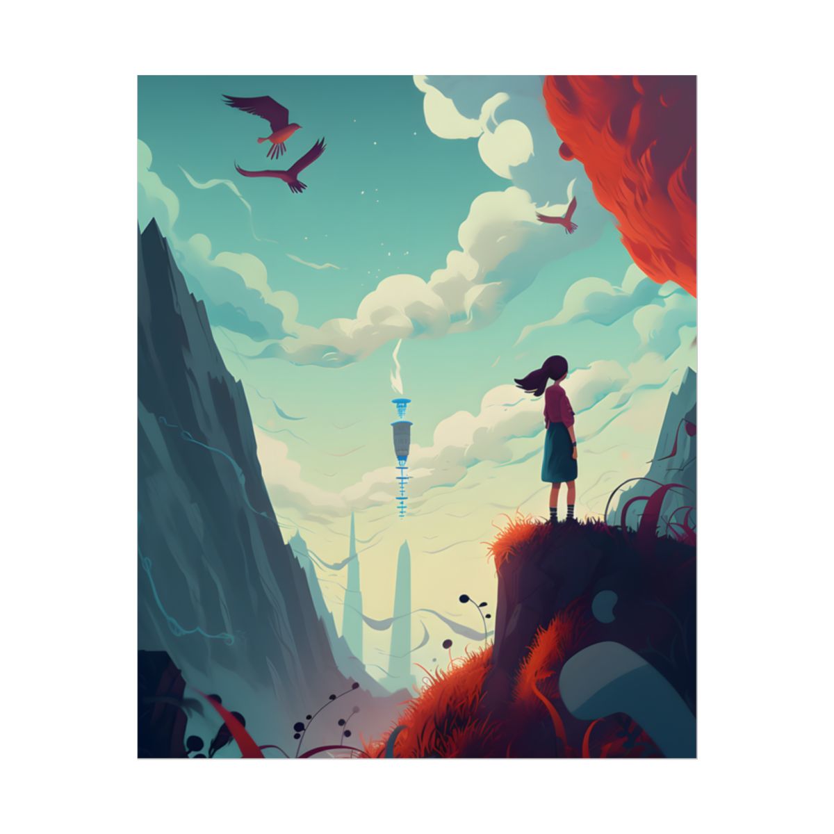 Cloudy Meadow: Boy and Girl in Serene Nature Scene - Poster