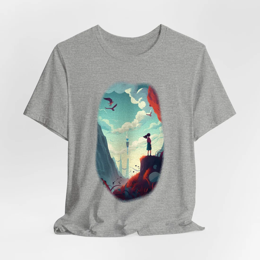 Girl on Cliff Overlooking Distant Tower: Fantasy Vista Art – T-Shirt, athletic heather