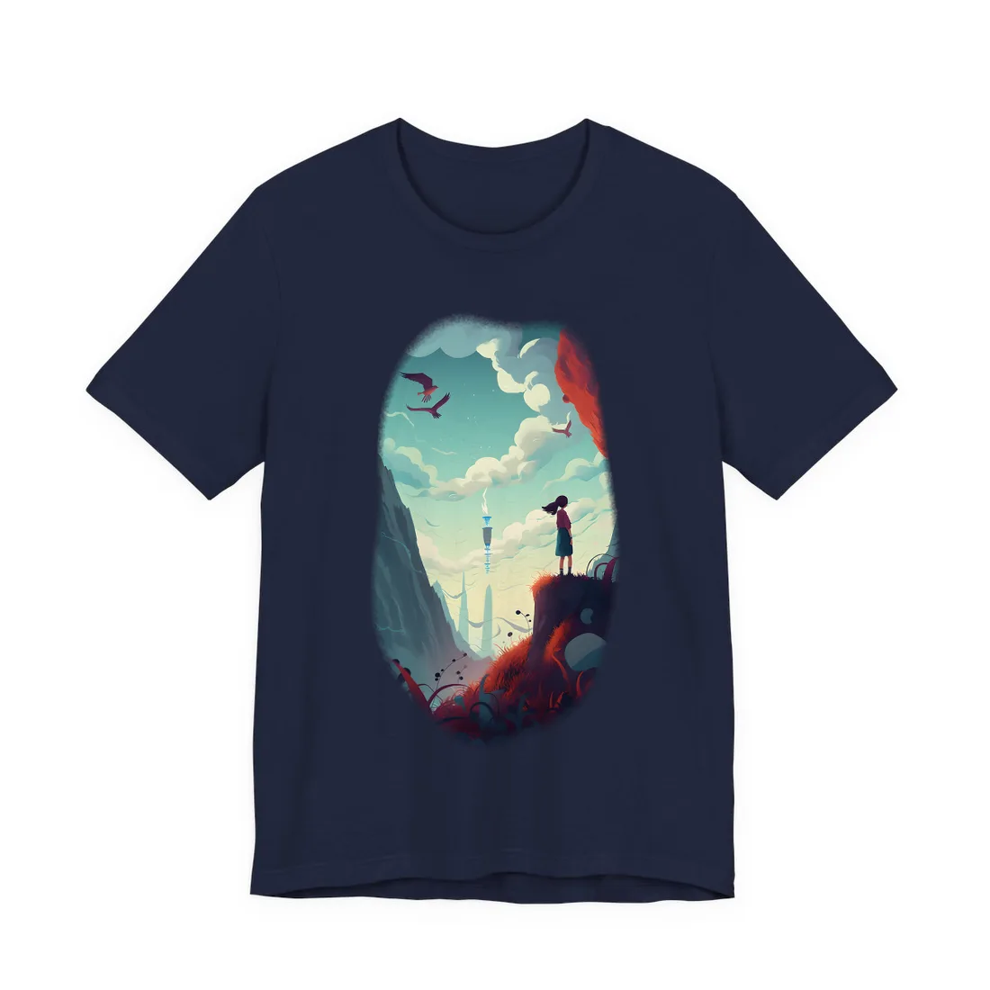 Girl on Cliff Overlooking Distant Tower: Fantasy Vista Art – T-Shirt, navy