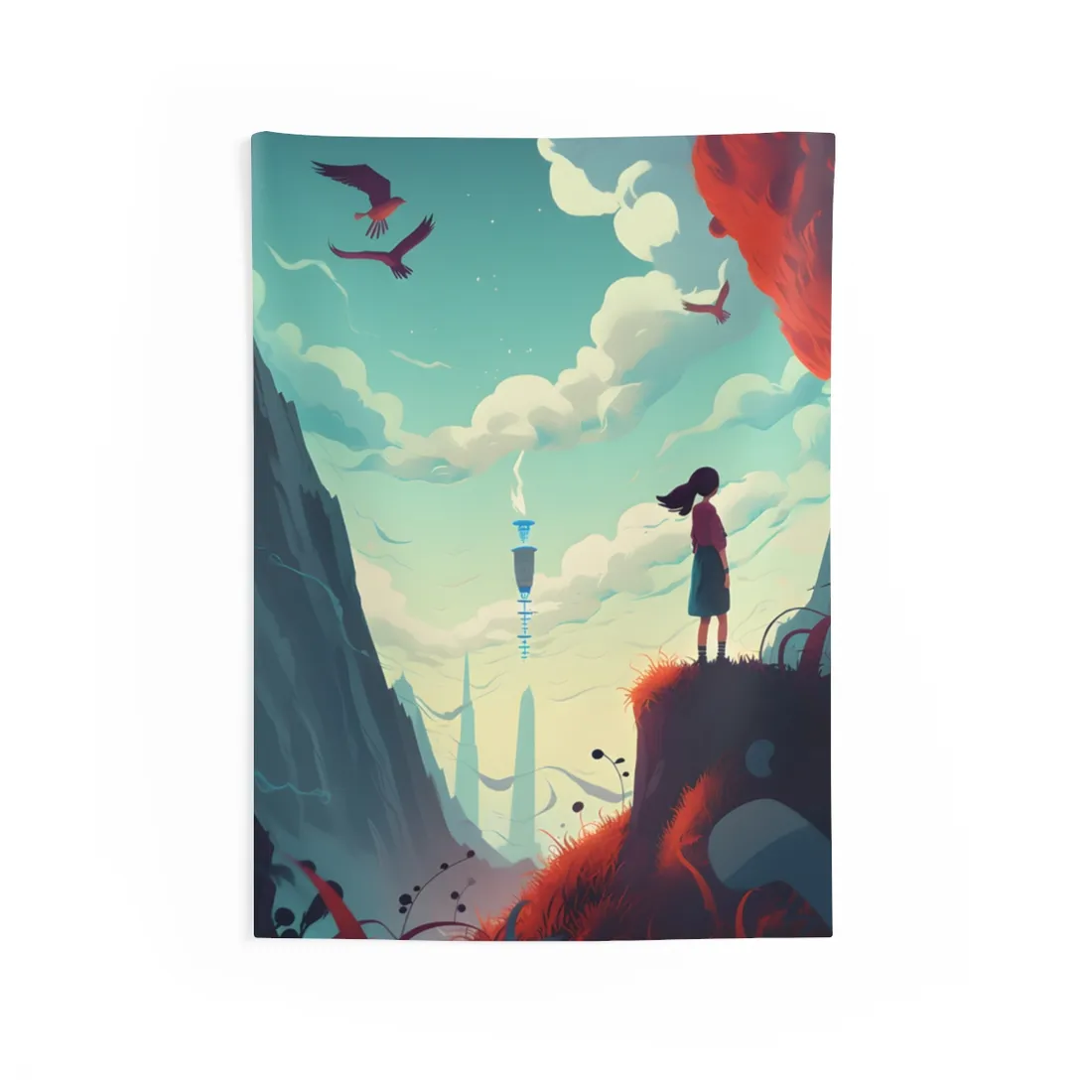 Cloudy Meadow: Boy and Girl in Serene Nature Scene - Wall Tapestry