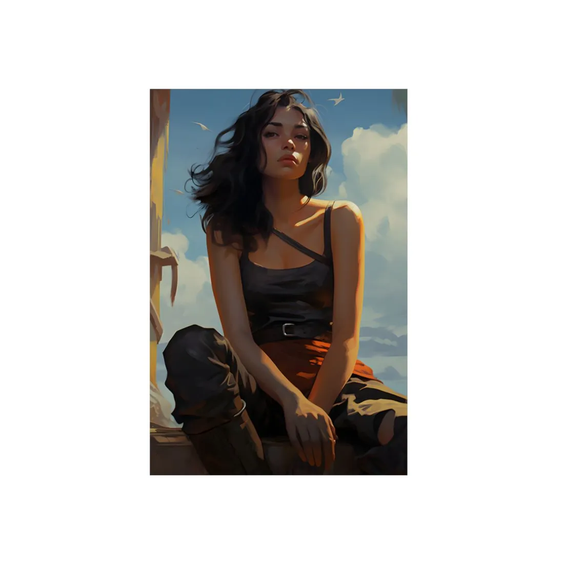 Coastal Rest: Woman Sitting on Sunlit Rocks - Metal Poster