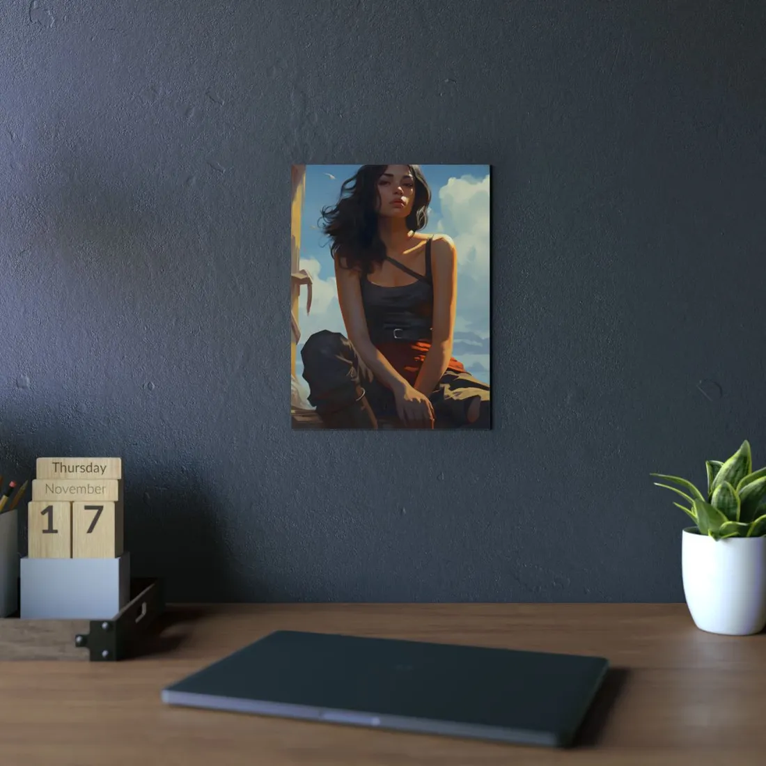Coastal Rest: Woman Sitting on Sunlit Rocks - Metal Poster