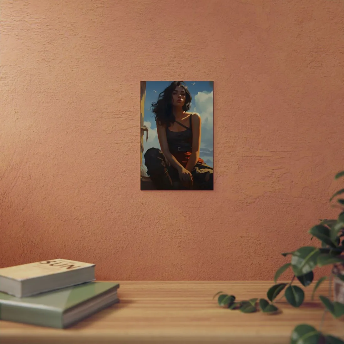 Coastal Rest: Woman Sitting on Sunlit Rocks - Metal Poster
