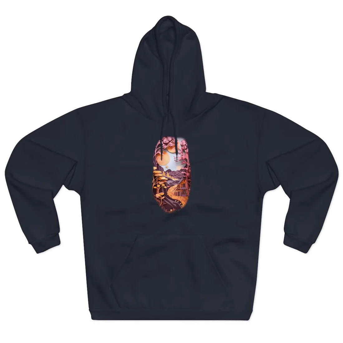 Layered paper-cut forest with pink rose-shaped trees, orange suns, a winding path, and a small house – Hoodie, navy