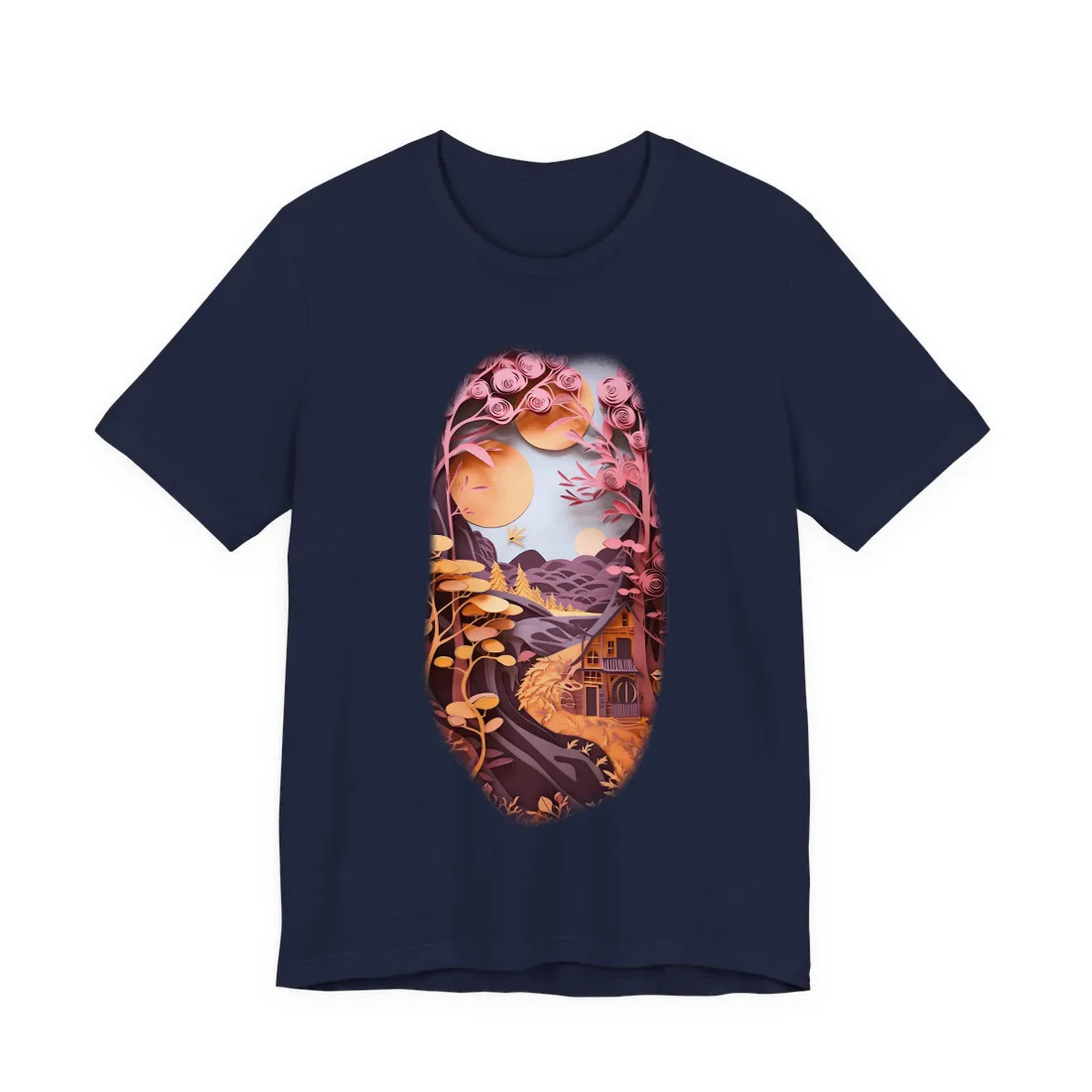 Layered paper-cut forest with pink rose-shaped trees, orange suns, a winding path, and a small house – T-Shirt, navy