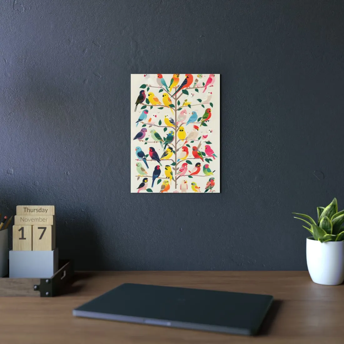 Colorful Birds on Tree Branch: Nature - Metal Poster