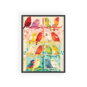 Colorful Budgerigar Pairs on Branches Framed Poster