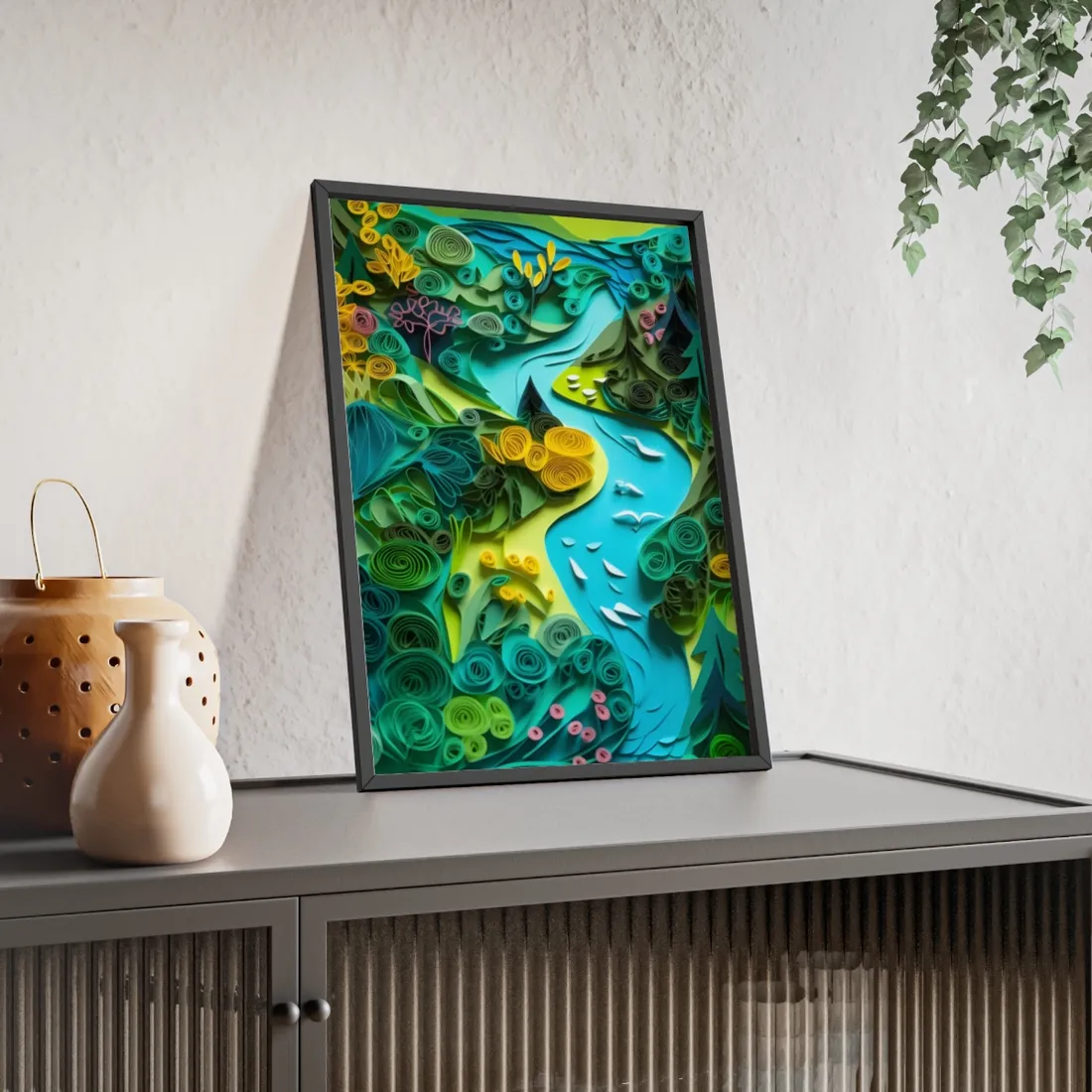 Colorful European Paper Quilling Artwork: Geometric Landscapes - Framed Poster
