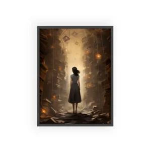 Woman Among Stacks of Books Framed Poster