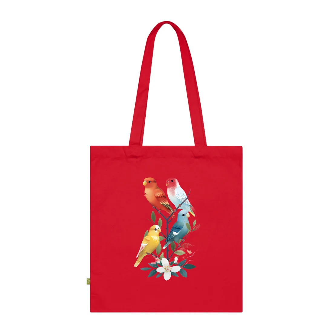Four colorful parakeets perch on a branch with leaves and white blossoms against a peach background – Tote Bag, classic red