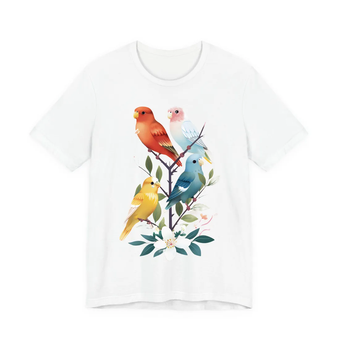 Four colorful parakeets perch on a branch with leaves and white blossoms against a peach background – T-Shirt, white