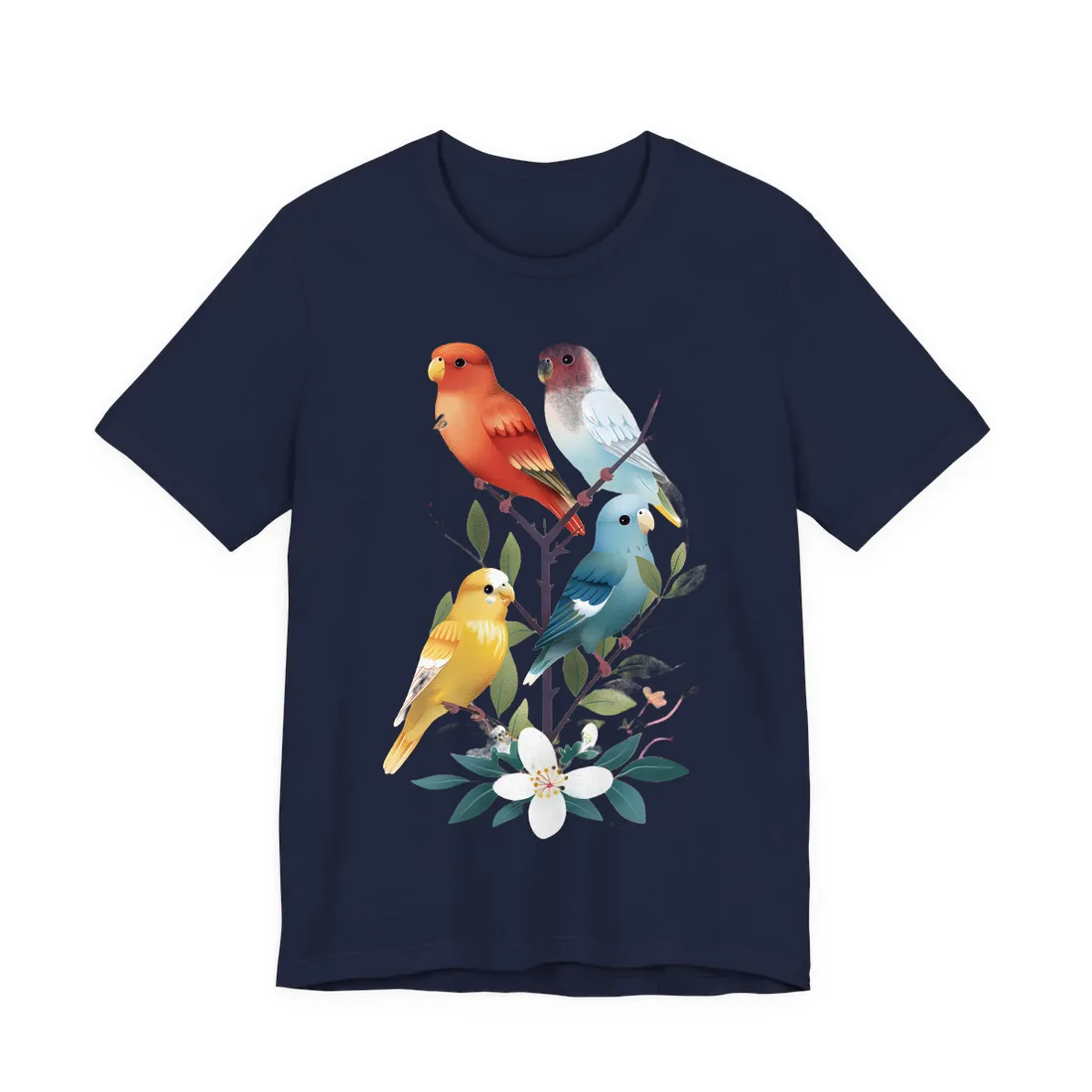 Four colorful parakeets perch on a branch with leaves and white blossoms against a peach background – T-Shirt, navy