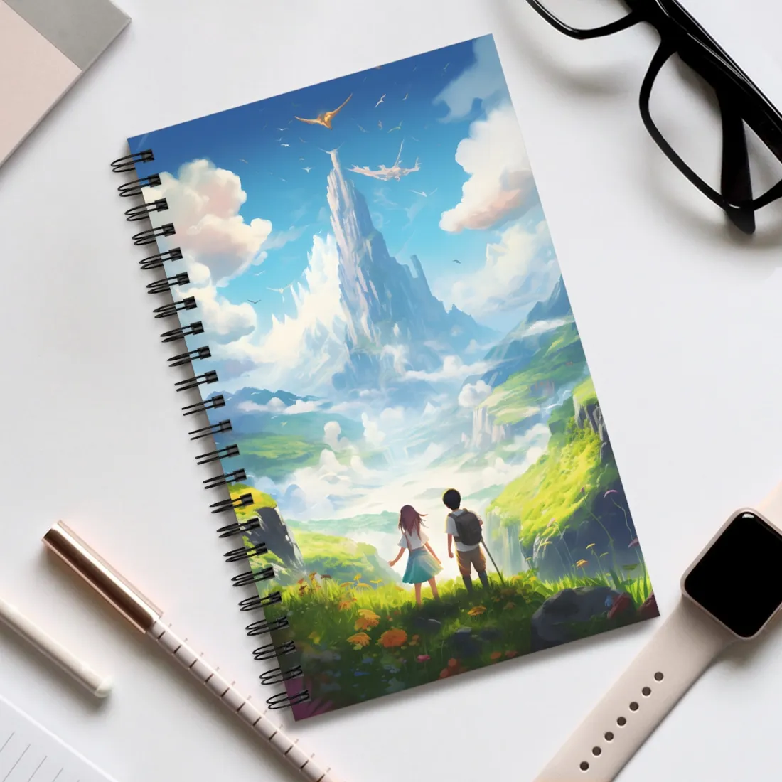 Two children gaze at a tall spire above clouds from a grassy cliff – Spiral Notebook, view 2