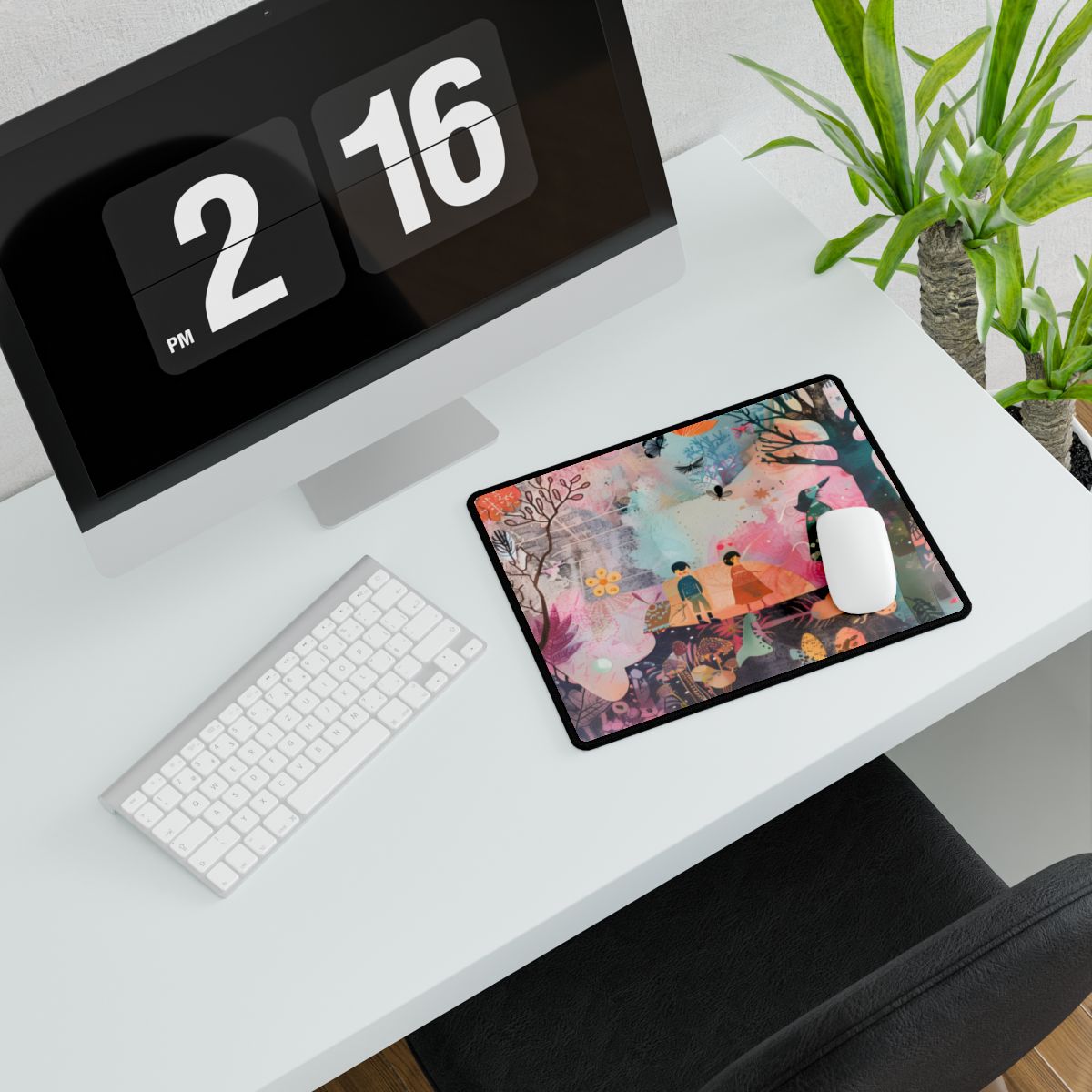 Colorful Whimsy: Blue Fish, Yellow Bird, Pink Cat Art Collage - Desk Mat
