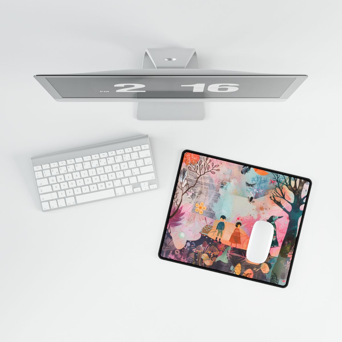 Colorful Whimsy: Blue Fish, Yellow Bird, Pink Cat Art Collage - Desk Mat