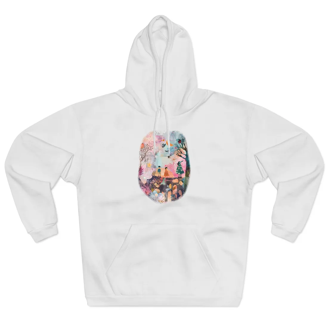 Colorful Whimsy: Blue Fish, Yellow Bird, Pink Cat Art Collage - Hoodie (White)