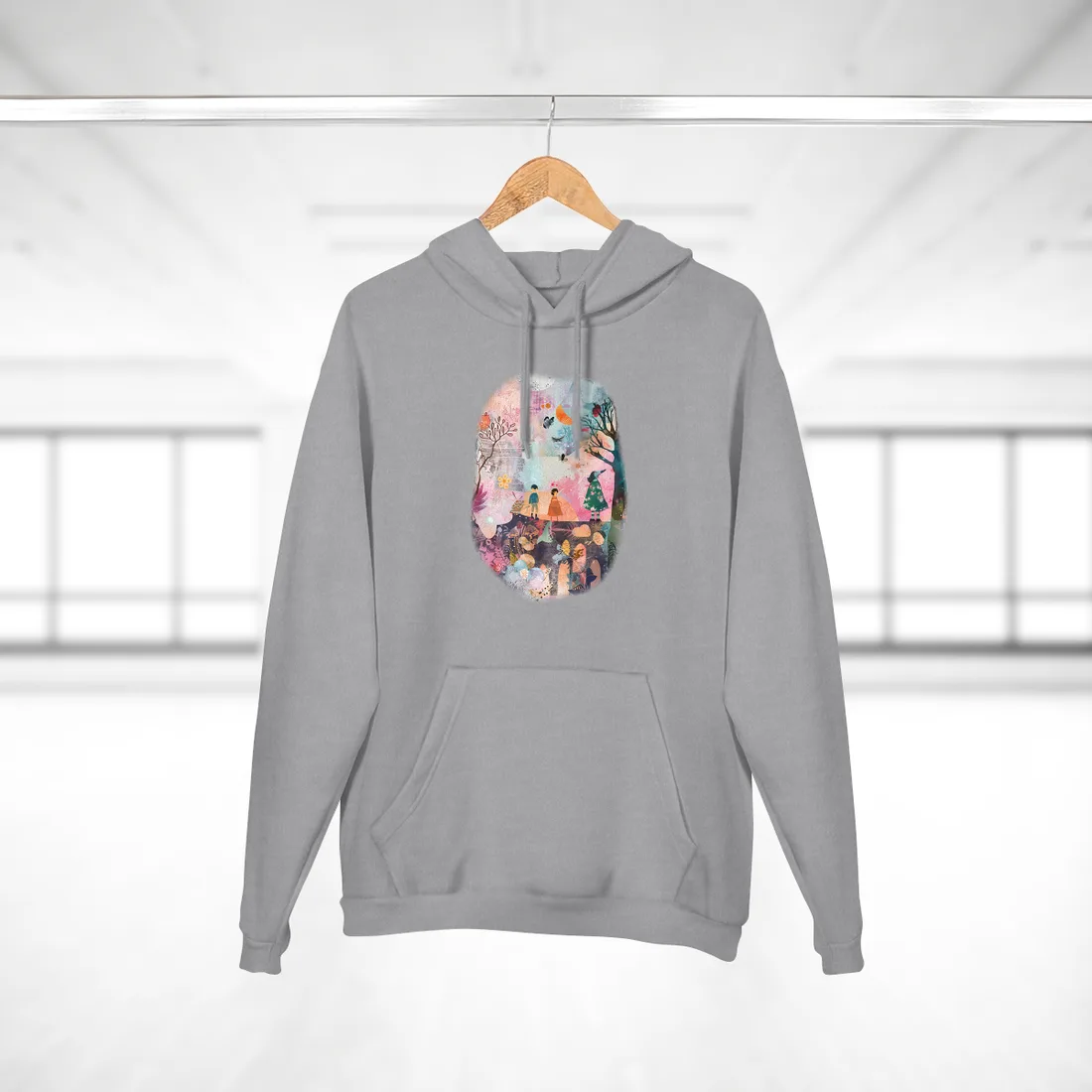 Colorful Whimsy: Blue Fish, Yellow Bird, Pink Cat Art Collage - Hoodie (Heather Grey)