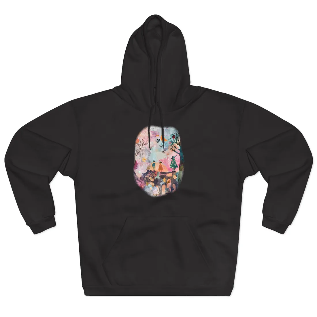 Colorful Whimsy: Blue Fish, Yellow Bird, Pink Cat Art Collage - Hoodie (Black)