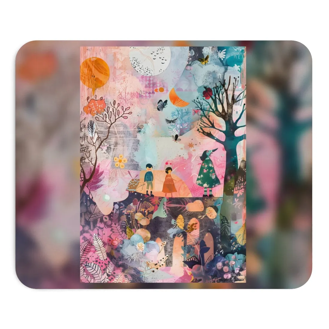 Colorful Whimsy: Blue Fish, Yellow Bird, Pink Cat Art Collage - Mouse Pad