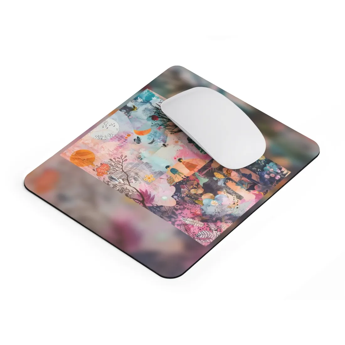 Colorful Whimsy: Blue Fish, Yellow Bird, Pink Cat Art Collage - Mouse Pad