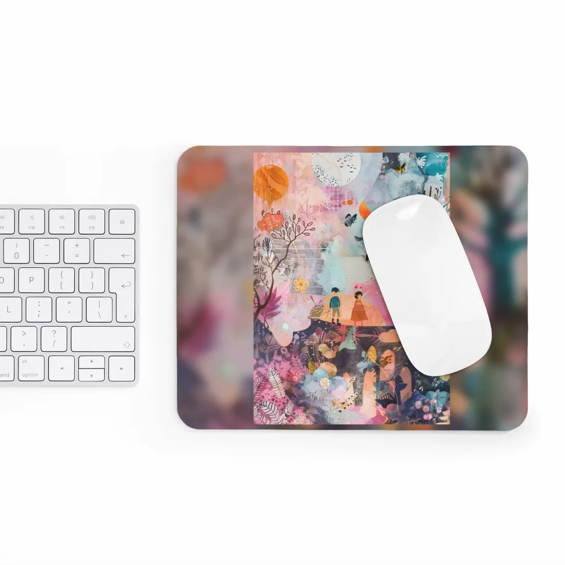 Colorful Whimsy: Blue Fish, Yellow Bird, Pink Cat Art Collage - Mouse Pad