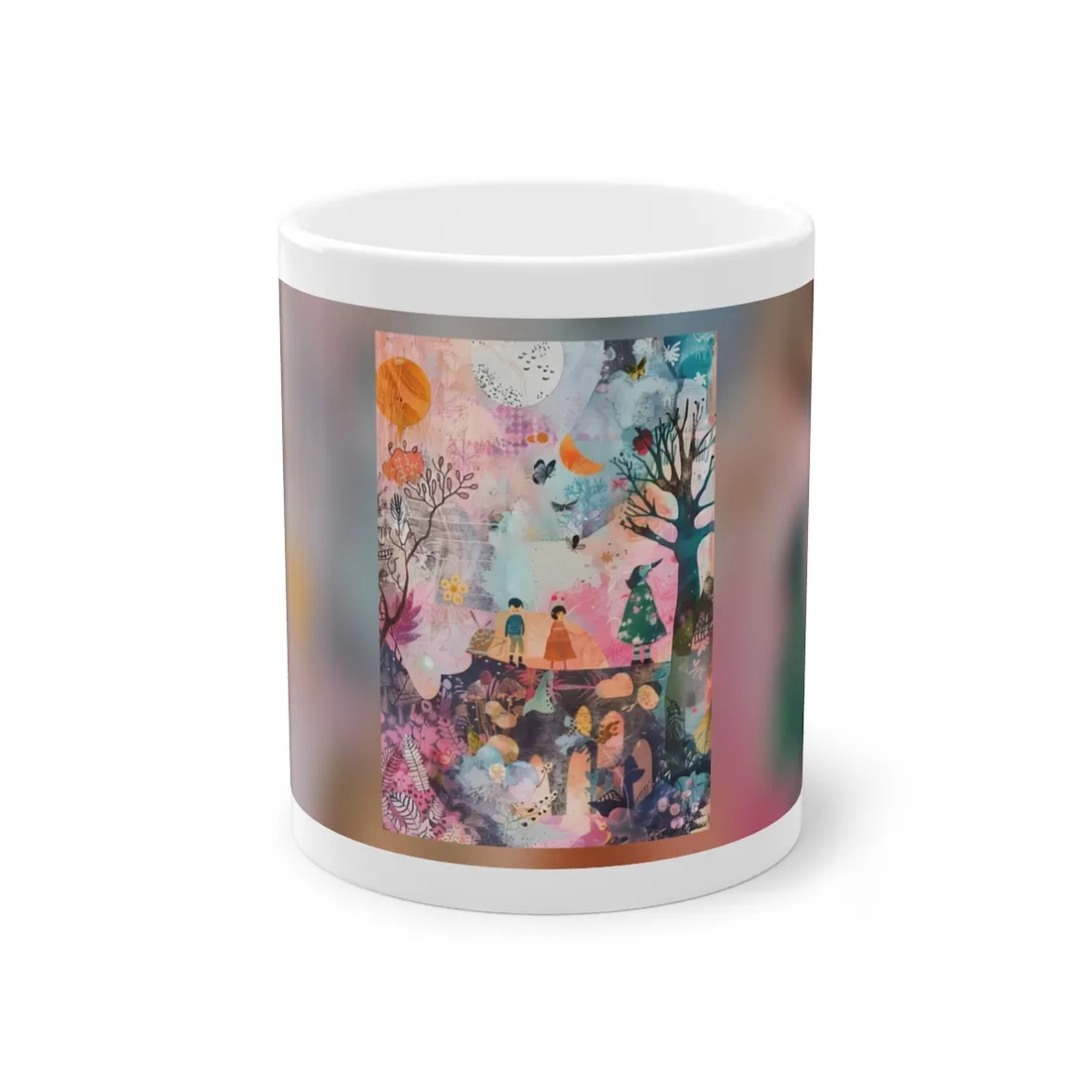 Colorful Whimsy: Blue Fish, Yellow Bird, Pink Cat Art Collage - Mug