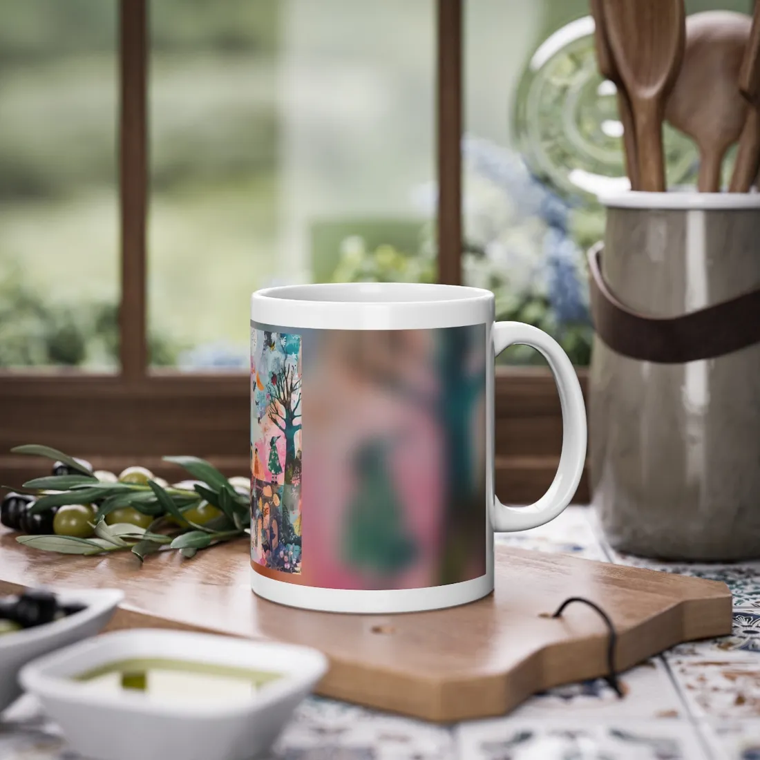 Colorful Whimsy: Blue Fish, Yellow Bird, Pink Cat Art Collage - Mug