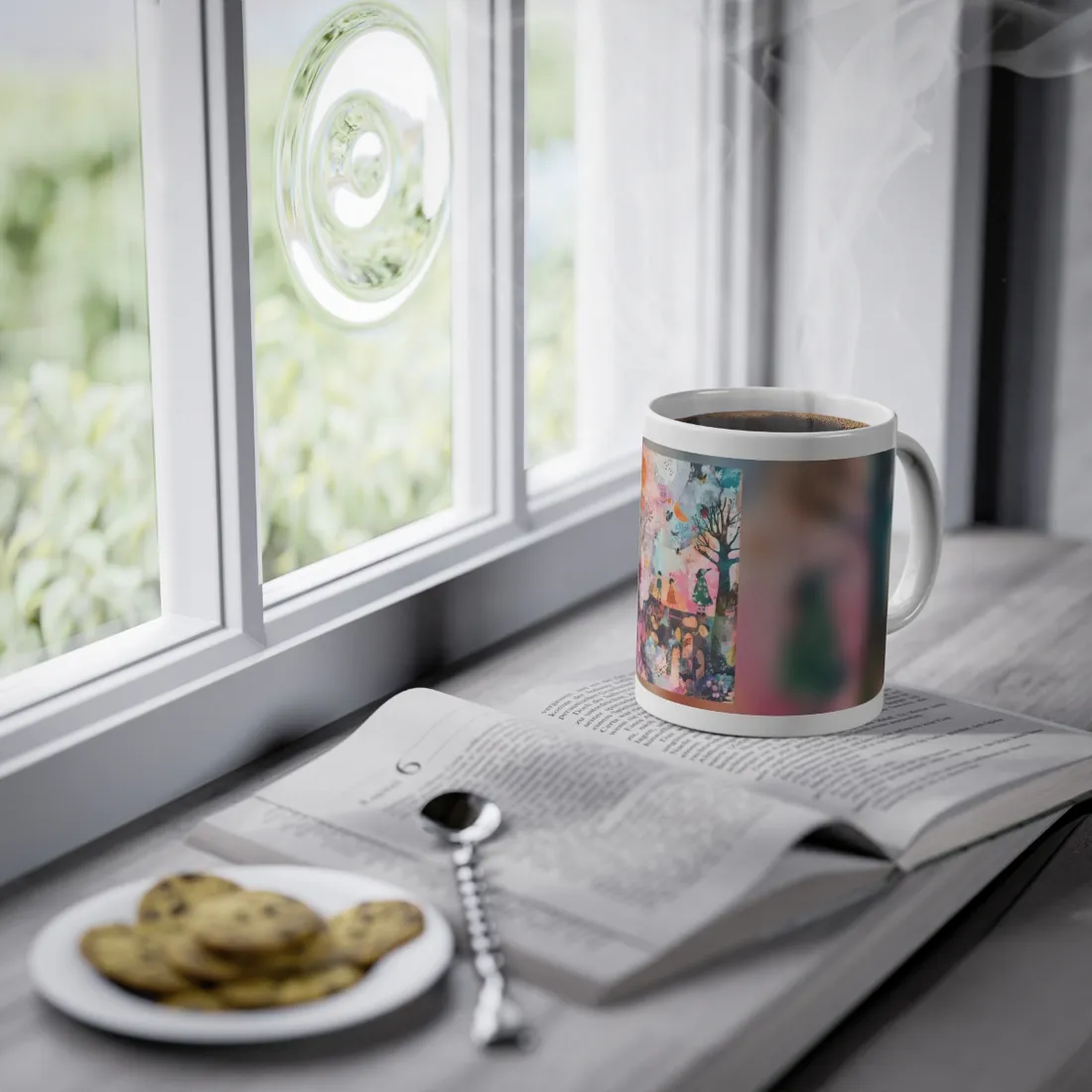 Colorful Whimsy: Blue Fish, Yellow Bird, Pink Cat Art Collage - Mug