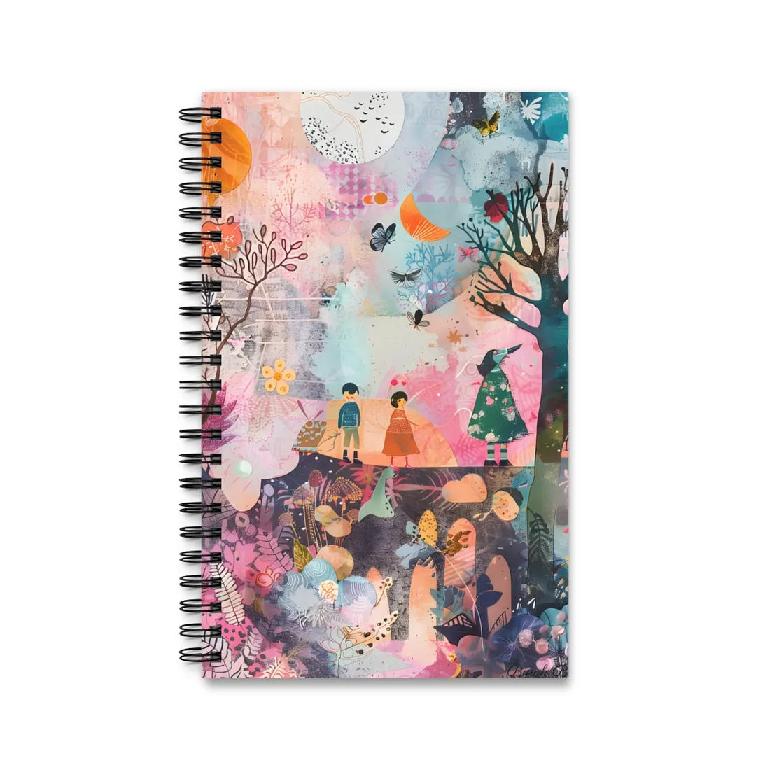 Colorful Whimsy: Blue Fish, Yellow Bird, Pink Cat Art Collage - Spiral Notebook