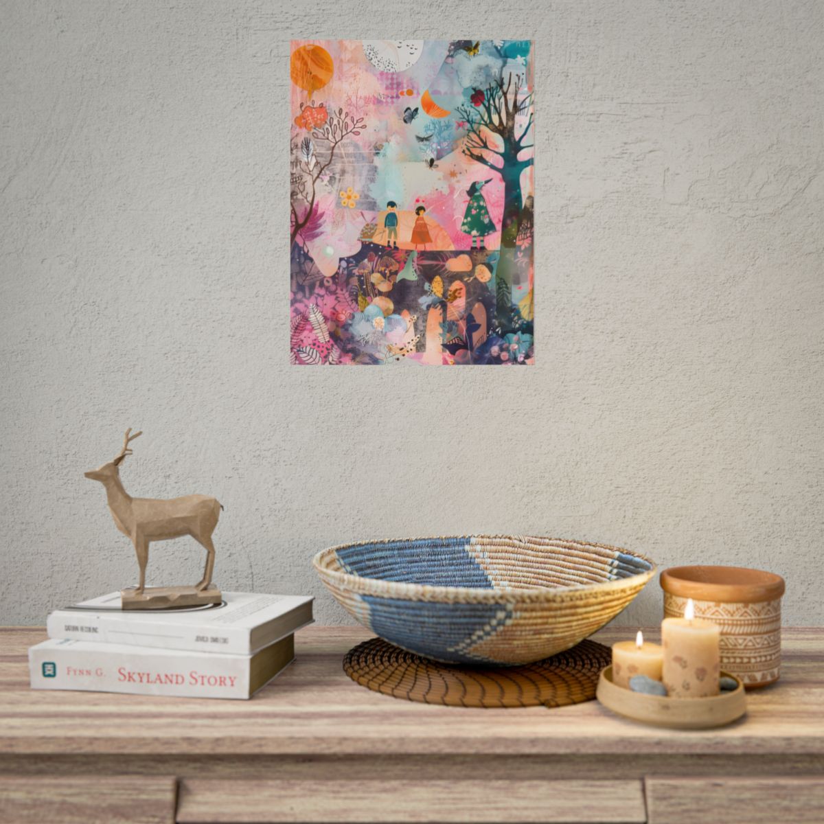 Colorful Whimsy: Blue Fish, Yellow Bird, Pink Cat Art Collage - Poster