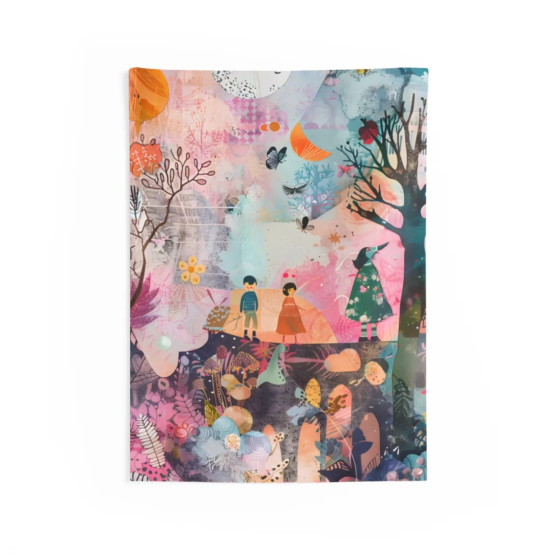 Colorful Whimsy: Blue Fish, Yellow Bird, Pink Cat Art Collage - Wall Tapestry